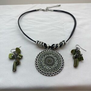 Silver and Green Pendant Necklace and Earring Set